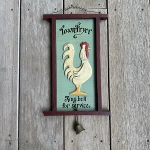 Wood Wall Hanging With Rooster Chicken Bell by Artist Linda S. Stang Cottagecore